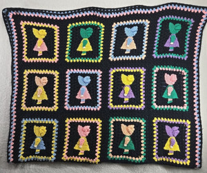 70s Crochet Afghan Blanket Throw 45x85 Floral 3D Sunbonnet Sue Holly Hobby