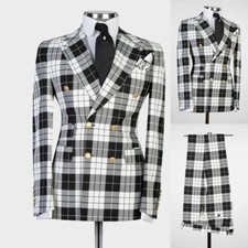 Men British Style Plaid Suits 2 Pieces Slim Fit Double Breasted Peak Lapel Suits