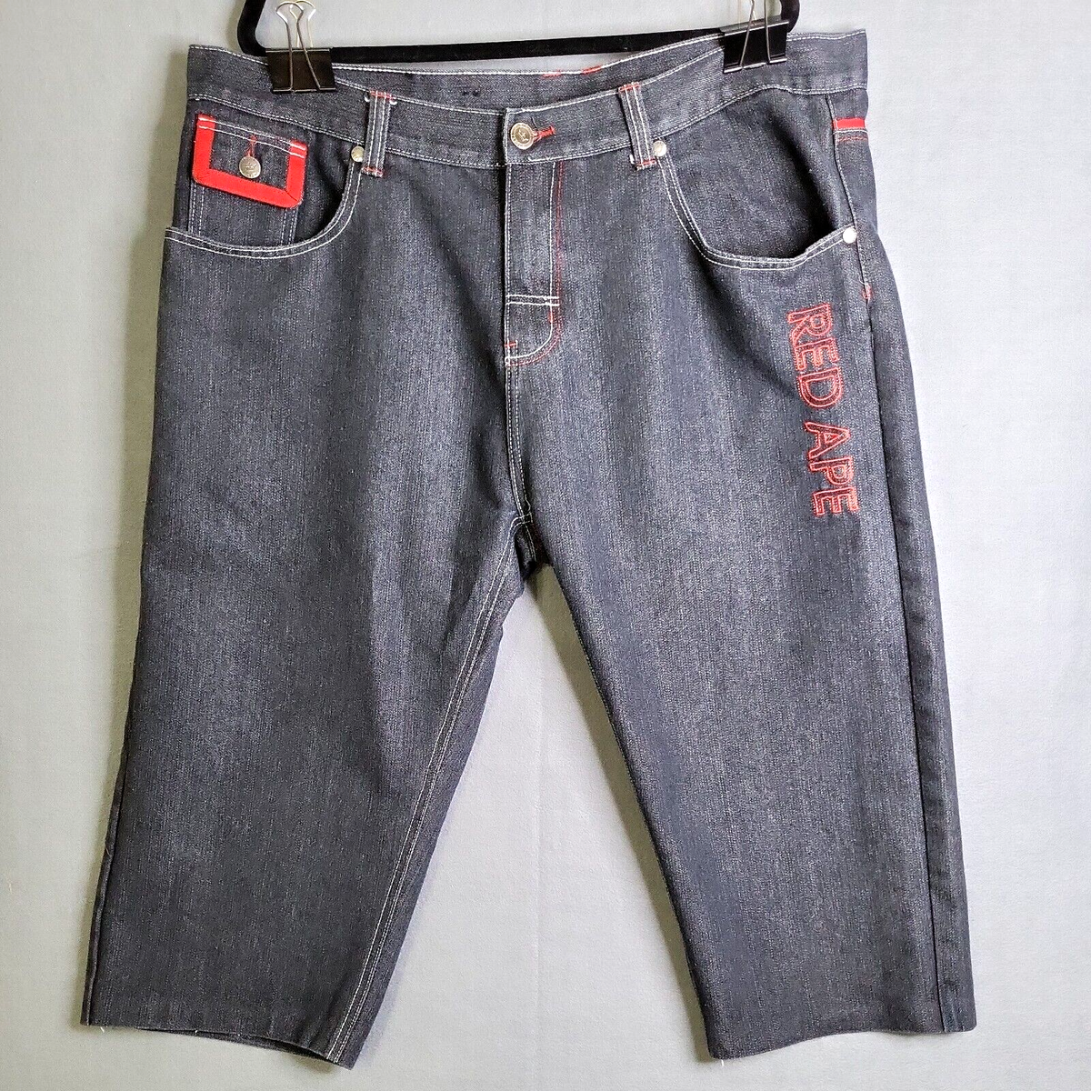 Red Ape Men's Black Denim Street Wear Shorts Embroidered Red Ape Men's Black Denim Street Wear Shorts Embroidered