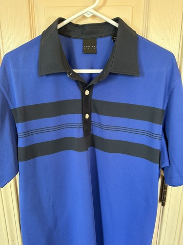 Dunning Golf Mens med Blue & Black Striped Short Sleeve Polo Shirt  - Picture 3 of 6