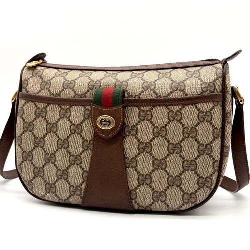 GUCCI GG Supreme Web Crossbody Bag Brown Beige Leather Shoulder Purse 23cm