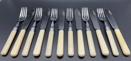 Vintage 12 Piece Faux Bone Handle Fish Cutlery Set - Chrome Plated - Picture 2 of 8