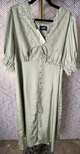 Cider Light Green Satin Midi Dress Lace Accents Button Embellishments Sz 3XL NWT
