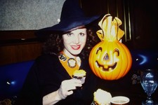 1980s Woman Witch Hat Holding Jack-O'-Lantern Cupcake Halloween 35mm Slide