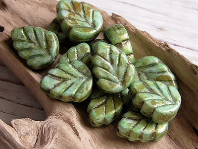 12 - 10x8mm CZECH OPAQUE GREEN BROWN PICASSO, GOLD SHIMMER WASH BIRCH LEAF