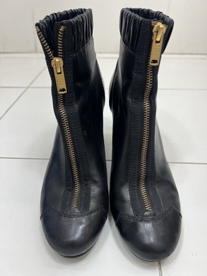 Marc Jacob Boots 41 Black Ruched High Heel Bold Gold Logo Zippers Ankle Booties