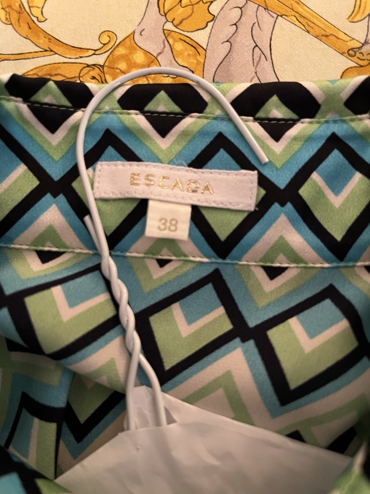 Escada Silk Button Blouse Geometric Pattern  Gree… - image 5