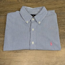 Polo Ralph Lauren Mens Seersucker Shirt L Light Blue Vert Striped READ B20