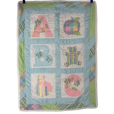 Vintage homemade ABC baby quilt nursery Apple Bear Cat Pink Blue Green