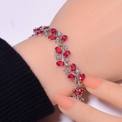 Pink Rubellite Tourmaline & CZ 925 Sterling Silver Tennis Bracelet 7.99'' B7089