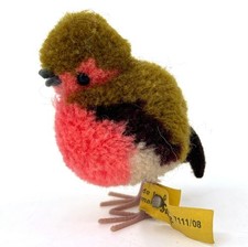 Steiff Woolen Robin Bird ID Button and Tag 8cm 3in Wool Pom Poms 1960s Vtg