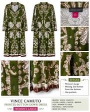 Vince Camuto Women’s Large Green Paisley Button Front Midi Dress 100% Rayon