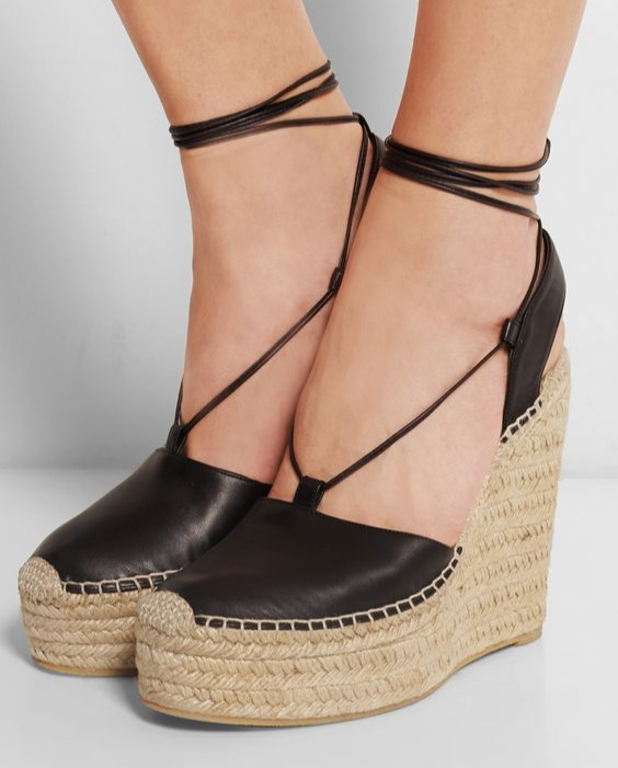 Steve Madden Loretta Black Espadrille Wedge Sandals Lace Up 4.5” Heel 6.5