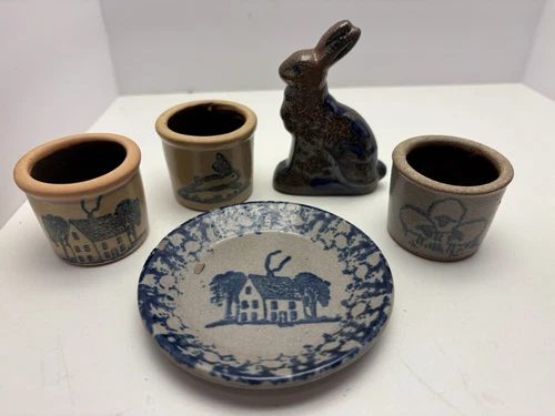 BBP Beaumont Brothers Salt Glazed Stoneware Lot Rabbit Crock Plate Miniatures
