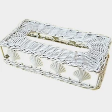 Vintage White Wicker with Seashells Tissue Box Holder Beachy 9.75" x 5.5" x 2.25
