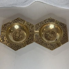 2 Vintage Brass Three Rose Floral Pattern Hexagon Ashtray Trinket Dish 6"