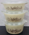 VTG Pyrex Forest Fancies Mushroom Covered Casserole 3 Set w Lids  471B 472B 473B