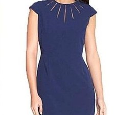 Adrianna Papell Women's Power Stretch Gathered Netting Yoke Dress Navy 14