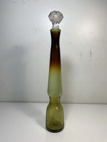 Vintage MCM Blenko Art Glass Decanter Bottle Vase In Wheat Rootbeer Fade 14”