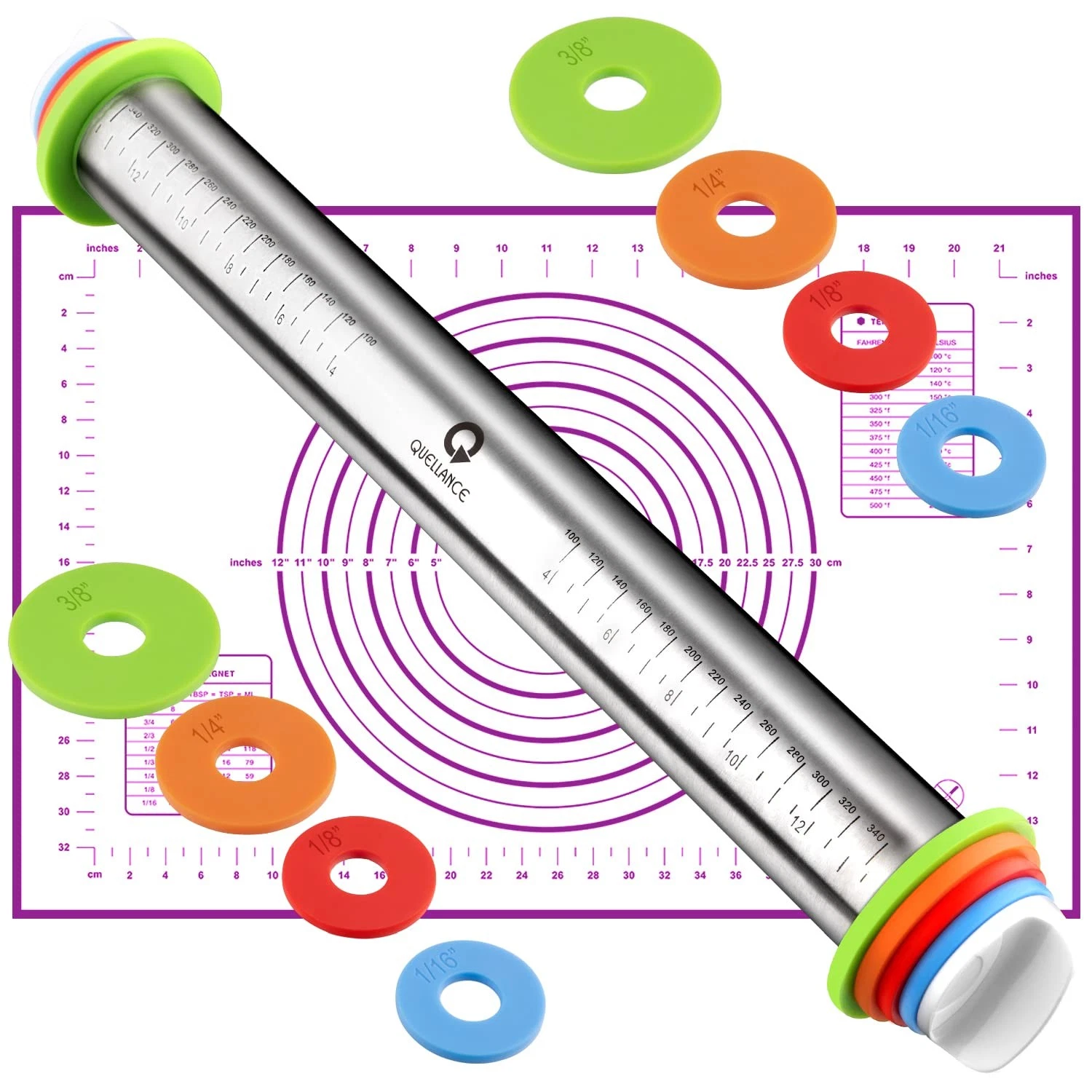 Rolling Pin and Pastry Baking Mat Set, Rolling Pins with Adjustable Thickness...