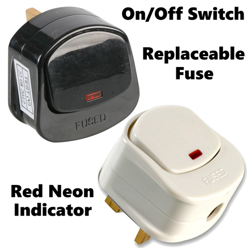 13A SWITCH PLUG ON OFF 3 PIN FUSE UK PLUG TOP WITH NEON LIGHT BLACK ...