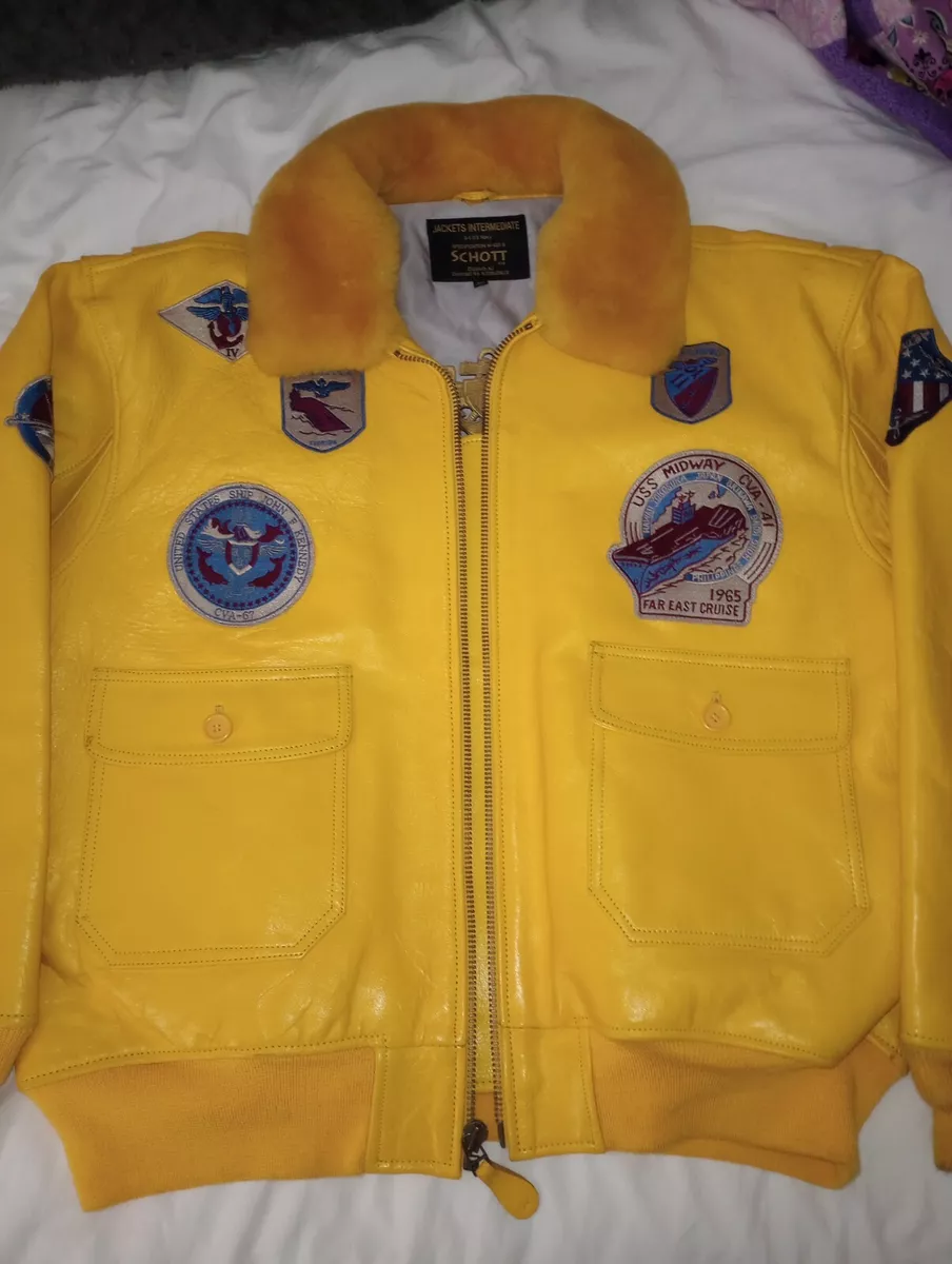 RARE Shearling Fur Yellow Schott NYC G-1 Wings of Gold Flight Bomber Jacket 4XL