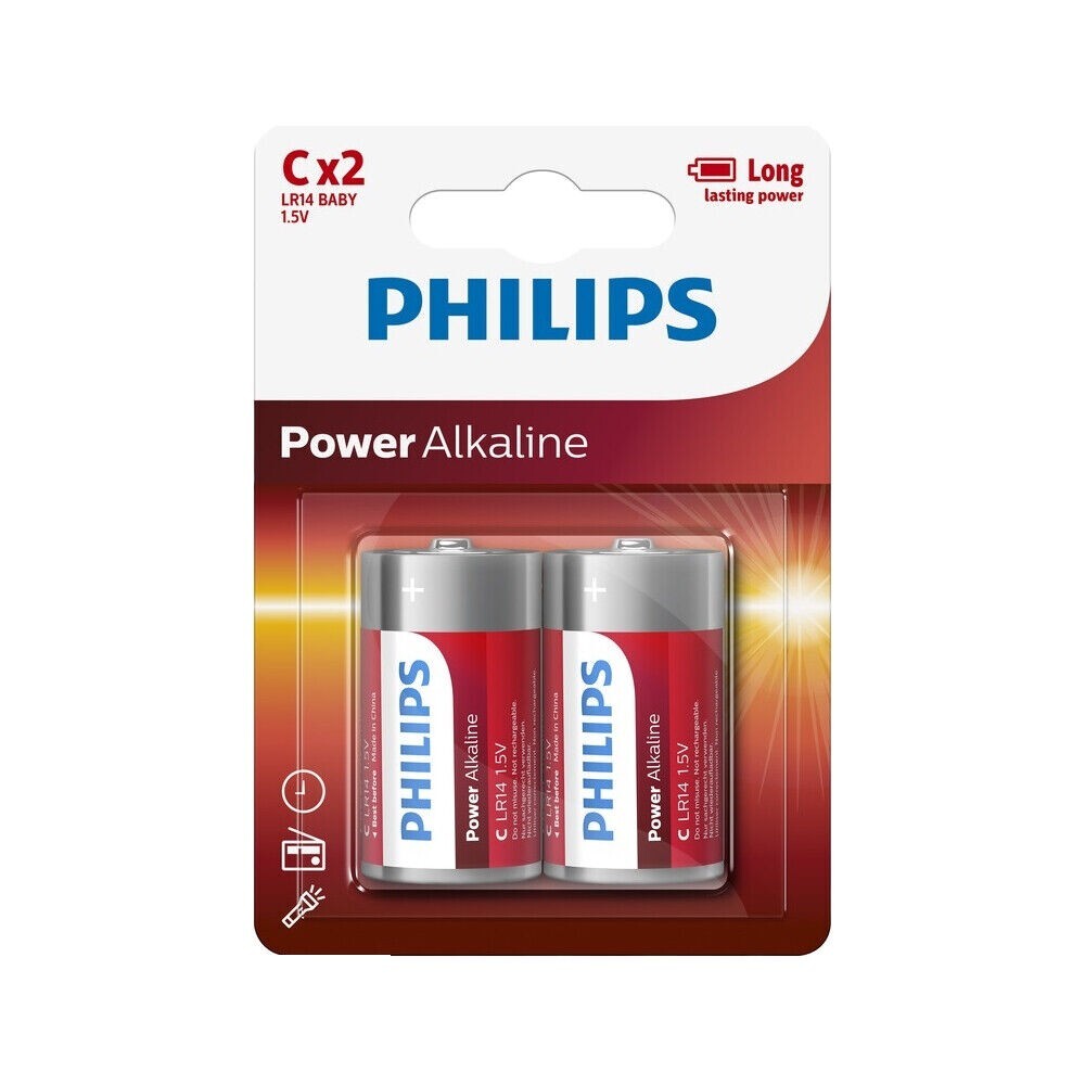 Thumbnail - 2 Philips Power Alkaline C Batteries 1.5v Blister Lr14 Baby 2bl Exp