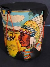 VINTAGE INDIAN DRUM TOY - MADE IN SANTA FE - METAL DRUM - 7" Tall 6" Diameter