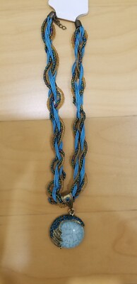 Blue Round Shape Pendant Sweater Necklace w. Bead Chain, 30% Off on 2nd
