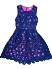 Altar’d State Fit & Flare Dress - Navy Blue Eyelet Lace Pink Lining Dress Small