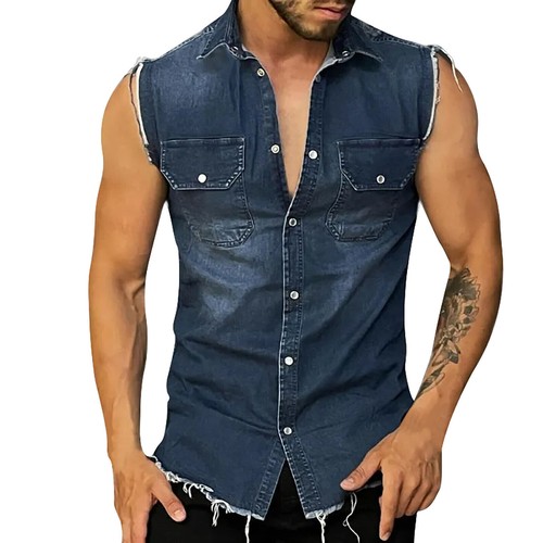 Mens Black Tank Top Stonewash Sleeveless Cut Off Denim Shirt Frayed Sleeves Vest - Picture 3 of 10
