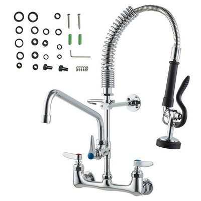 Brass Wall-Mount Kitchen Faucet 21in Tall 12in Pull-Down Sprayer