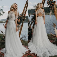 Halter Wedding Dress Illusion Beach Bohemian Bridal Gowns Lace Appliqued Tulle