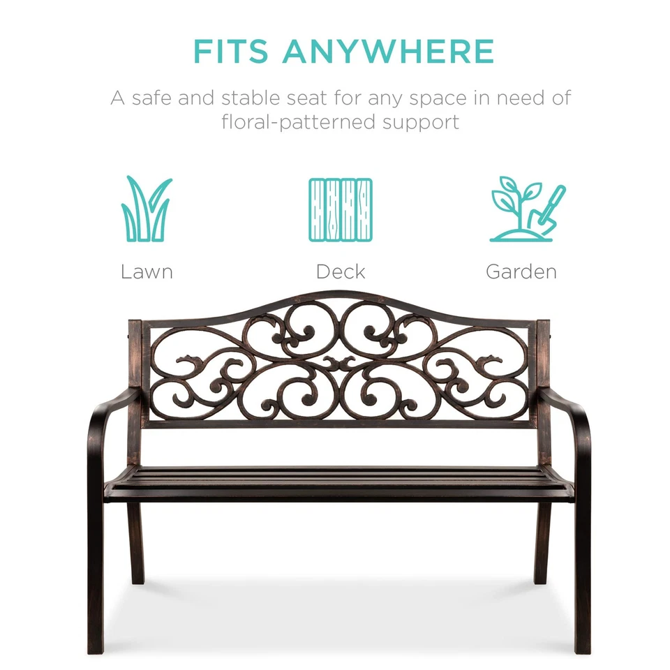 Mueble de banco de jardín clásico de acero de 50 pulgadas para exterior, patio, patio, ley... Foto 2 de 4