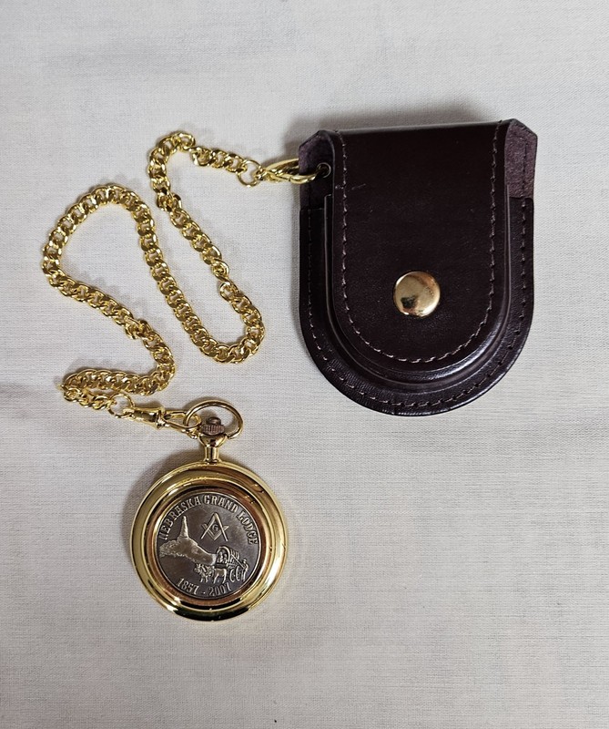 Nebraska Grand Lodge Mason Pocket Watch Quartz Gold Chain Case 2007 150 year