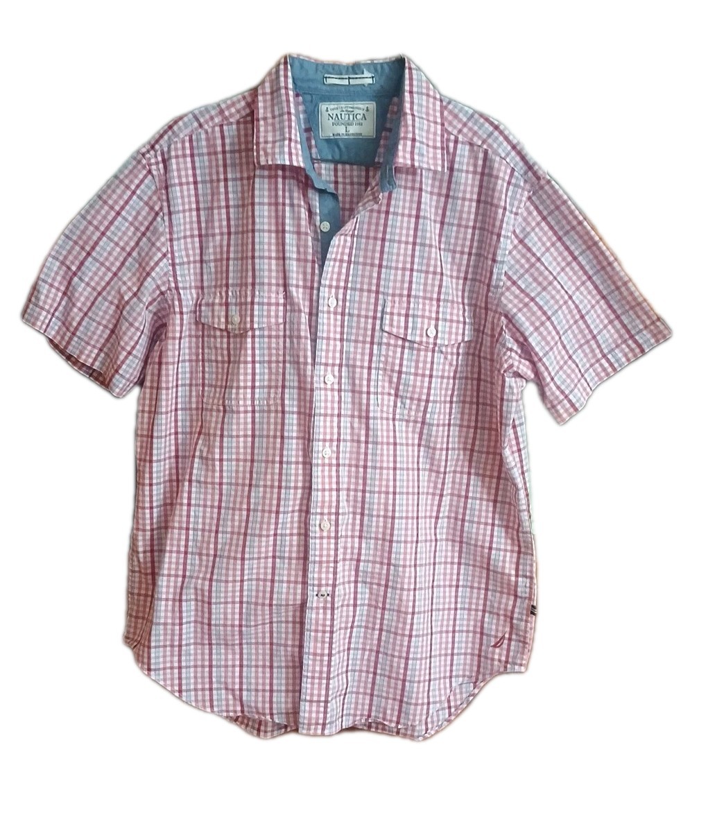 Nautica Shirt Mens Large Blue/Red/White Plaid  Button Up Casual Short Sleeve