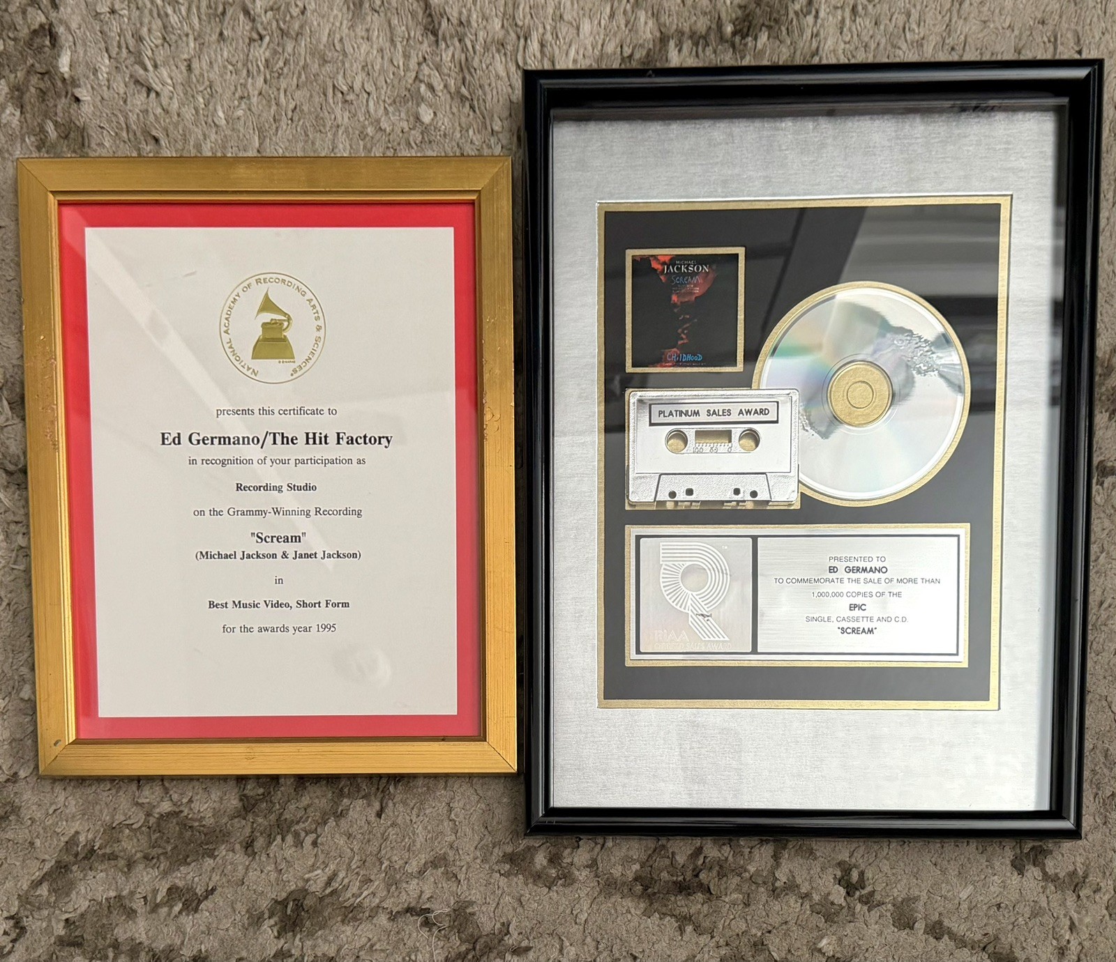 Micheal jackson riaa music award & grammy certificate - scream!