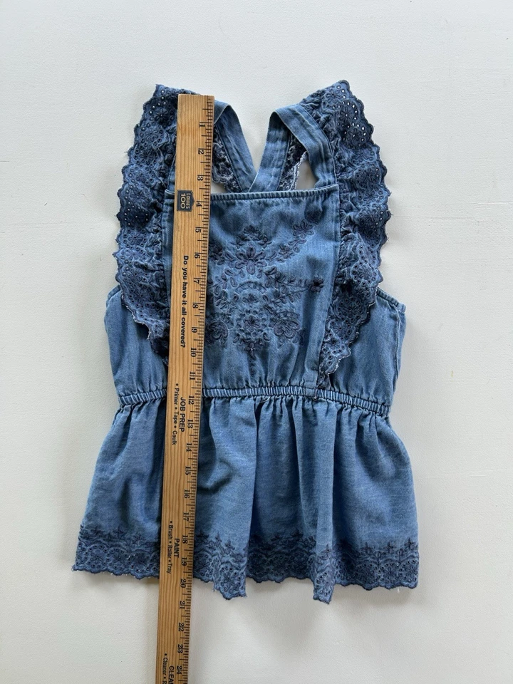 Camisa Denim Antigua Azul Marino Niñas Cambray Bordada Top Sin Mangas Talla Grande 10-12 Foto 3 de 4