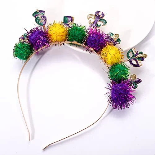 Diadema Mardi Gras púrpura verde dorado bola esponjosa lazo para el pelo disfraz sombreros  Foto 3 de 4