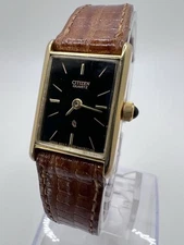 Vintage Women’s Gold Tone Citizen Tank Petite Delicate Classy Watch Black Face