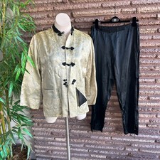 Japanese Vintage Outfit Gold Brocade Cheongsam Jacket and Black Pants