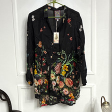 Johnny Was Silk Floral on Black, Collared, Bu...