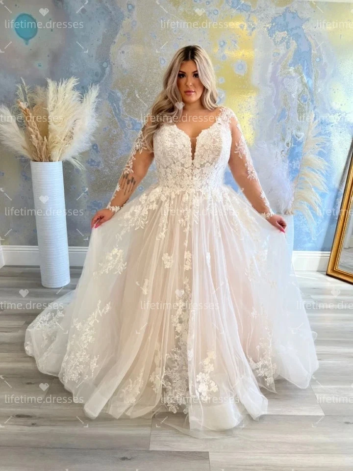 HOT SALE Plus Size Wedding Dresses with Long Sleeves Sweep TrainBridal Gowns - Image 2 of 4