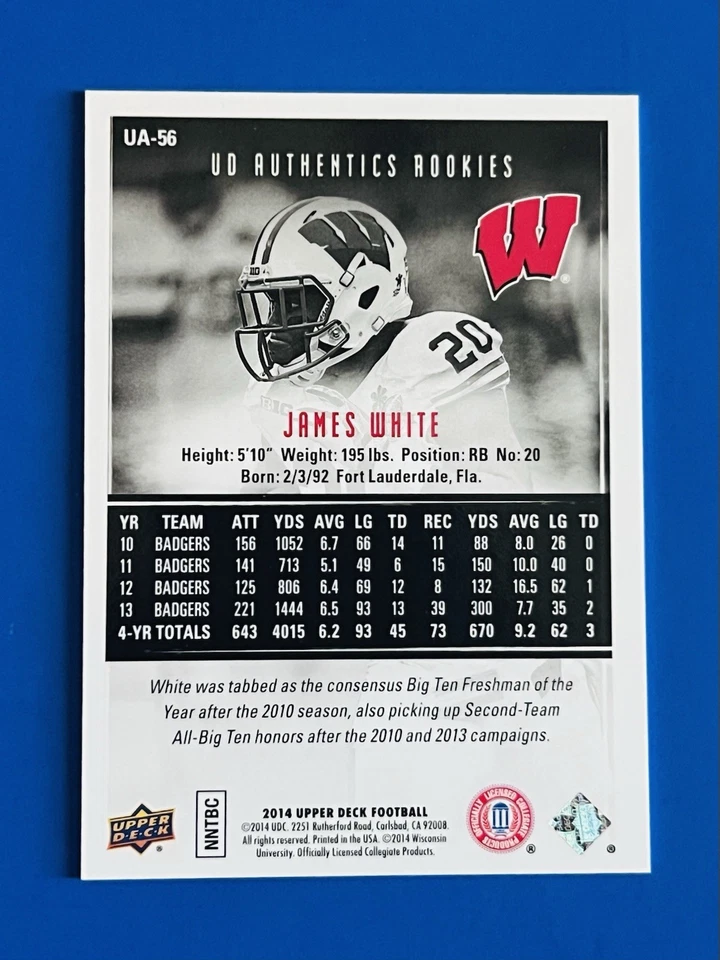 2014 UD Authentics Rookies James White Patriots Rookie Card #UA-56; #d /430 - Image 2 of 2