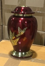 NEW! Red with Gold Doves Metal Cremation Urn (12" tall)