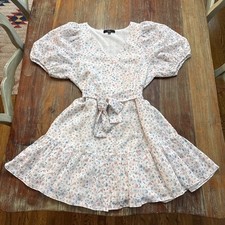 Lulus Floral Puff Sleeve Mini Dress White Pink Blue Button Front Tie Waist Small