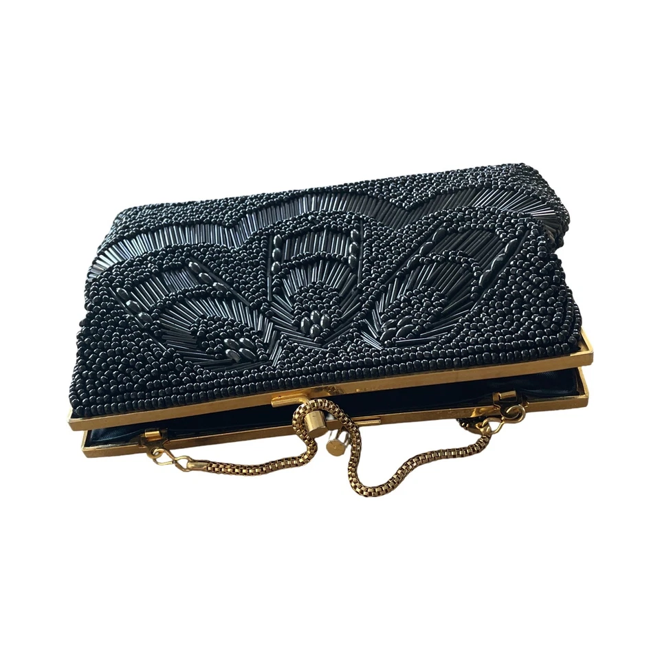 Bolso de Noche Vintage Negro con Cuentas Cartera Bolso sin asas con asa de cadena dorada 4.5 * Foto 4 de 4