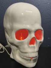 Vintage Halloween Ceramic Skull Head Lamp Light Up Eyes Spooky Horror Decor