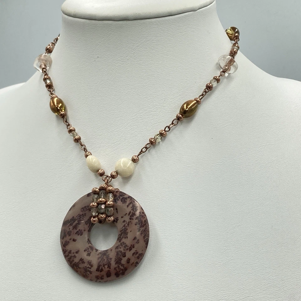 Collar Lia Sophia 19" Tono Cobre Donut Piedra Colgante Firmado Boho Ajustable Foto 3 de 4