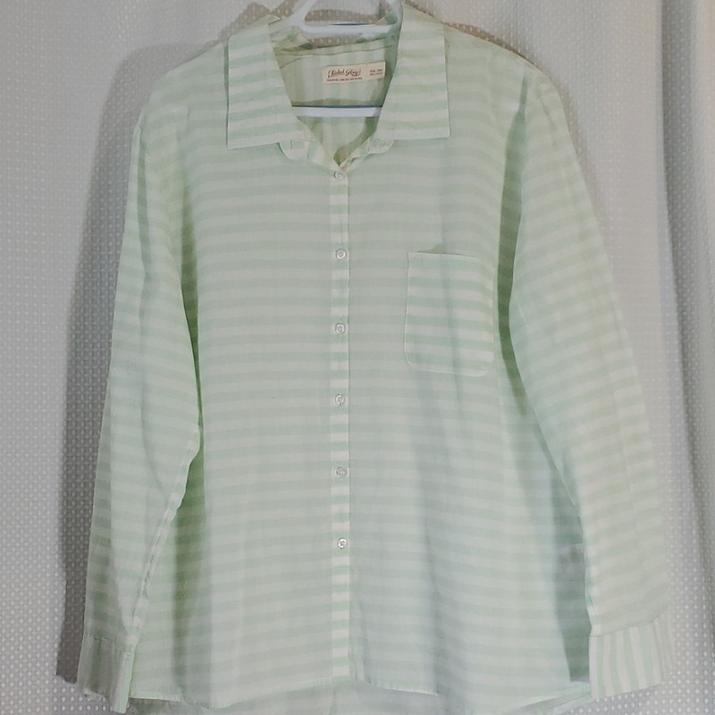Faded Glory Women's Green/White Striped Cotton Button-Up Shirt XXL Long Sleeve